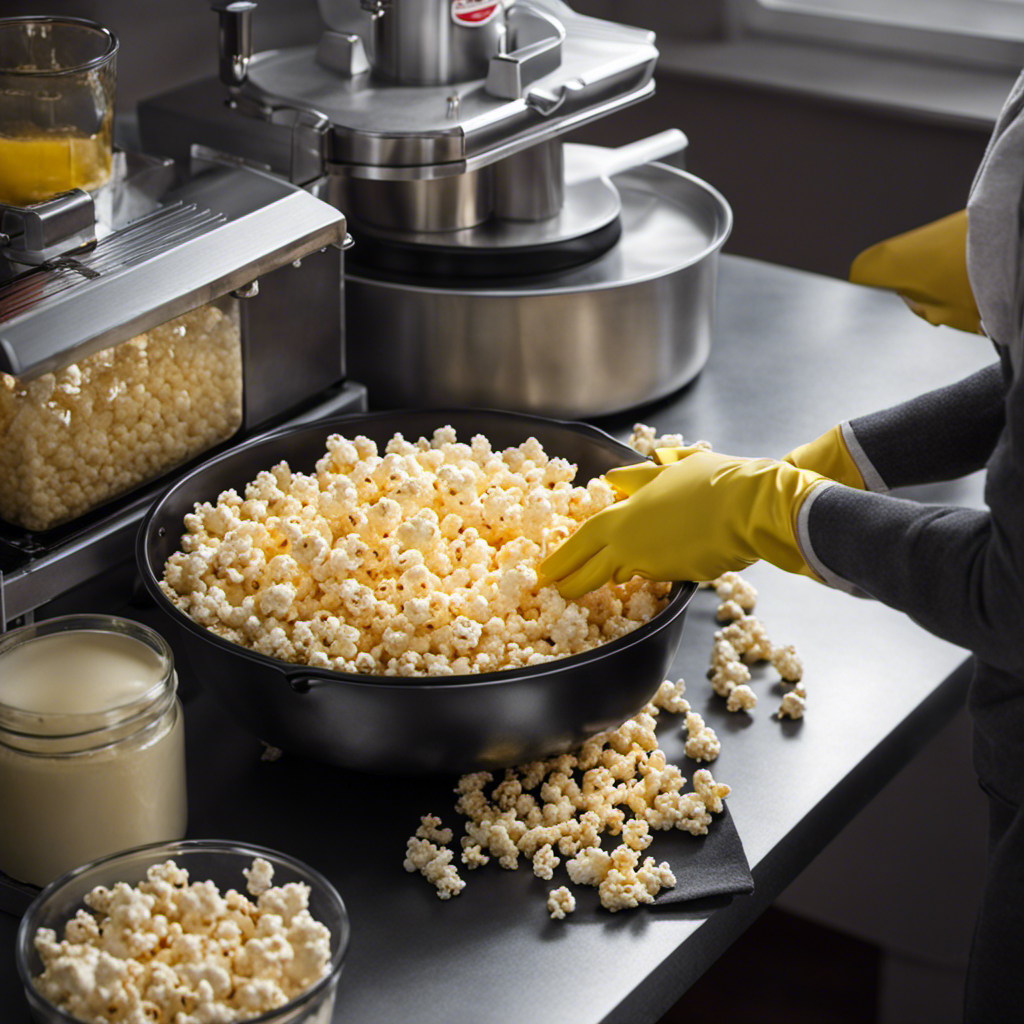 An image showcasing a person wearing protective gloves, gently wiping a plexiglass popcorn maker using a soft microfiber cloth