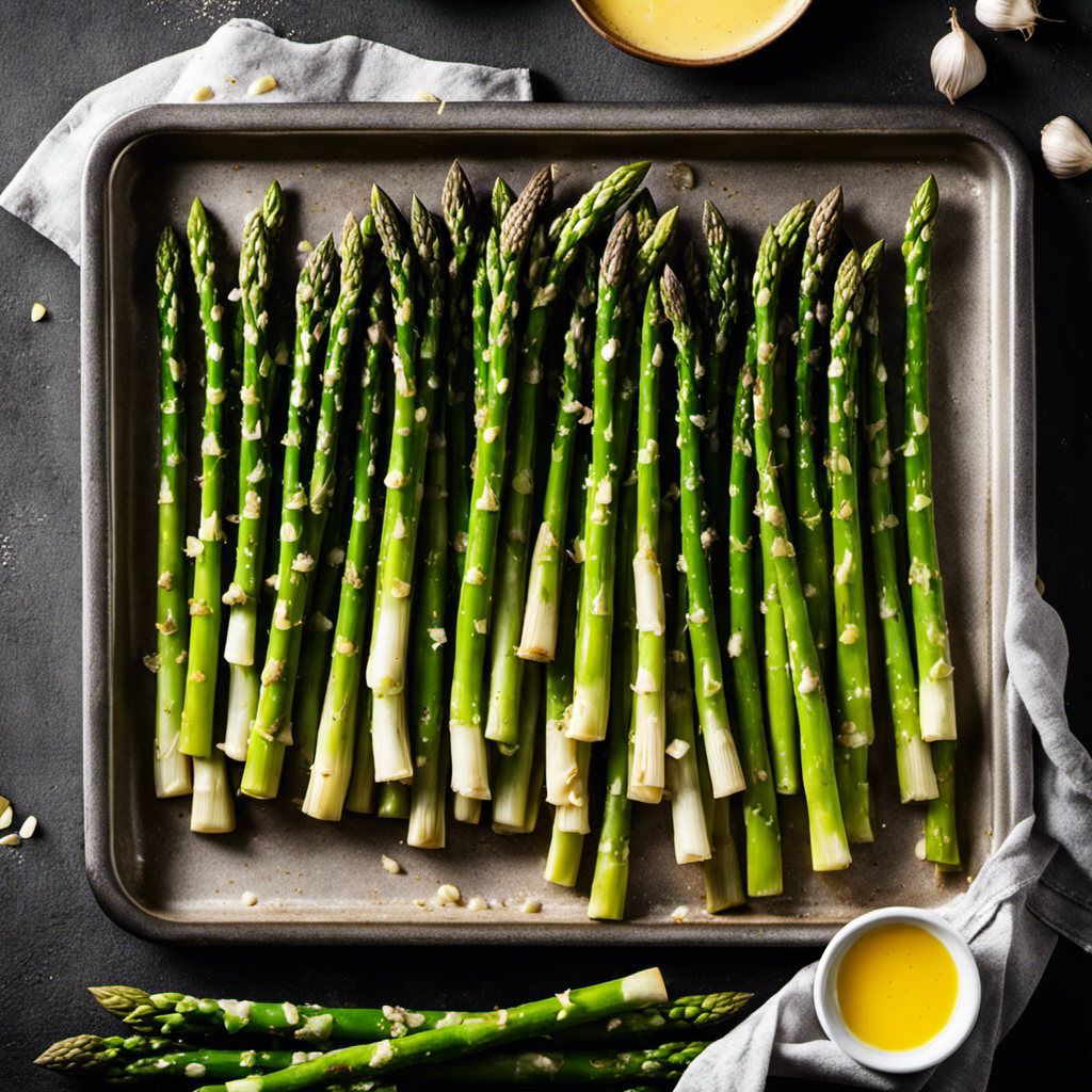 An image showcasing vibrant green asparagus spears arranged in a single layer on a baking sheet, glistening with melted butter and minced garlic