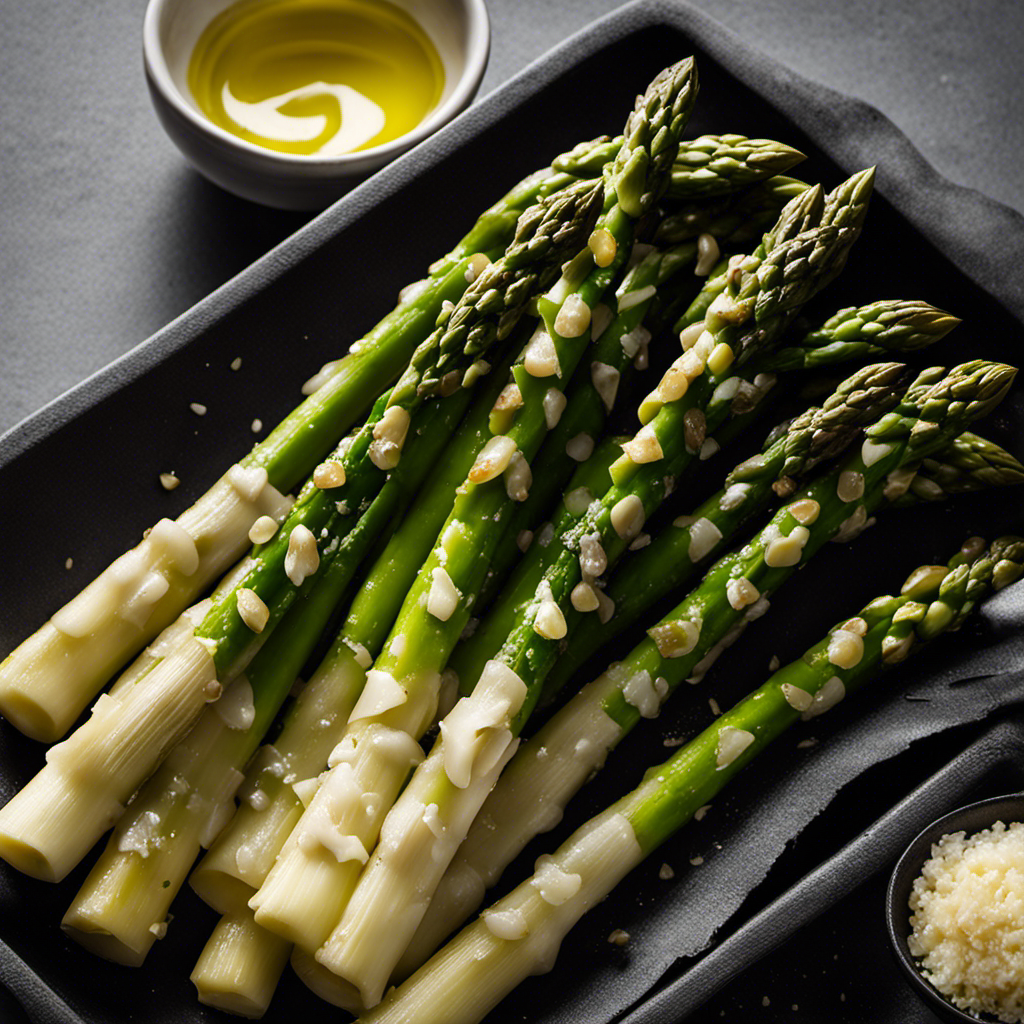 An image showcasing vibrant green asparagus spears glistening with melted butter and minced garlic