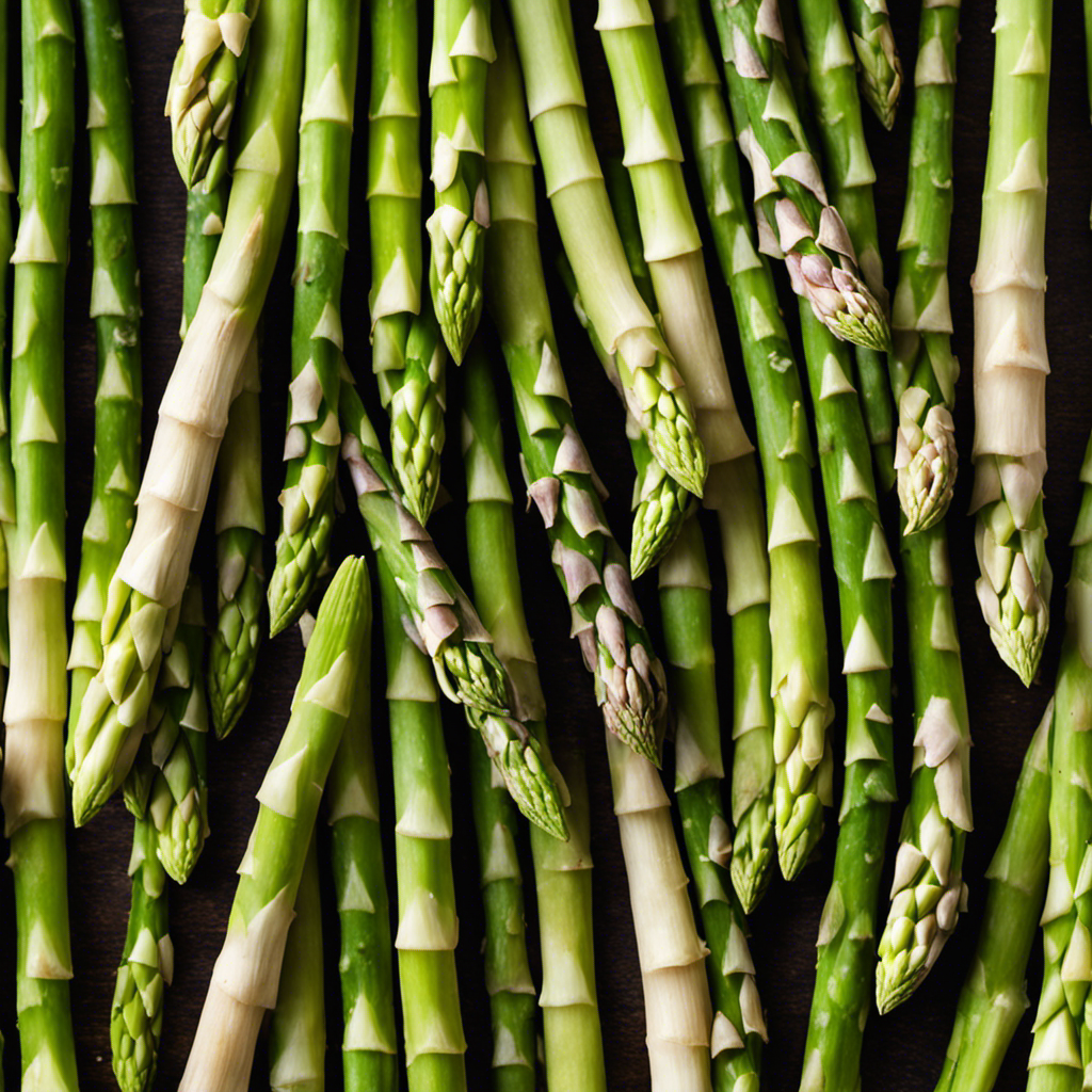 An image showcasing a bunch of vibrant, crisp, and green asparagus spears neatly arranged on a wooden cutting board