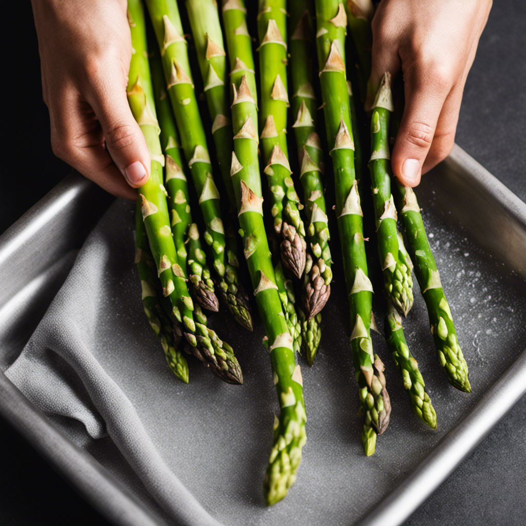 An image displaying a close-up shot of fresh asparagus spears being washed under running water, followed by a hands-on shot of gently patting them dry with a kitchen towel, showcasing the preparation process for baking
