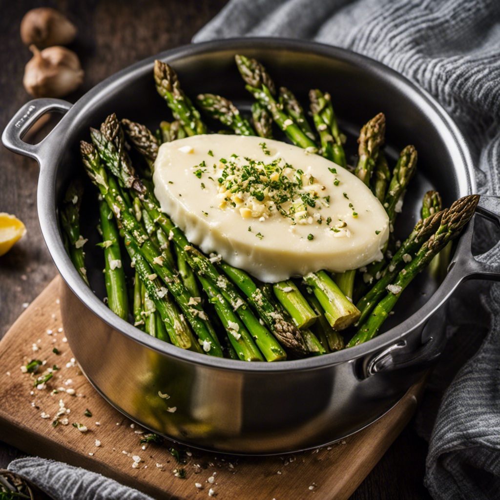 An image depicting the process of making a luscious butter and garlic mixture for oven-baked asparagus
