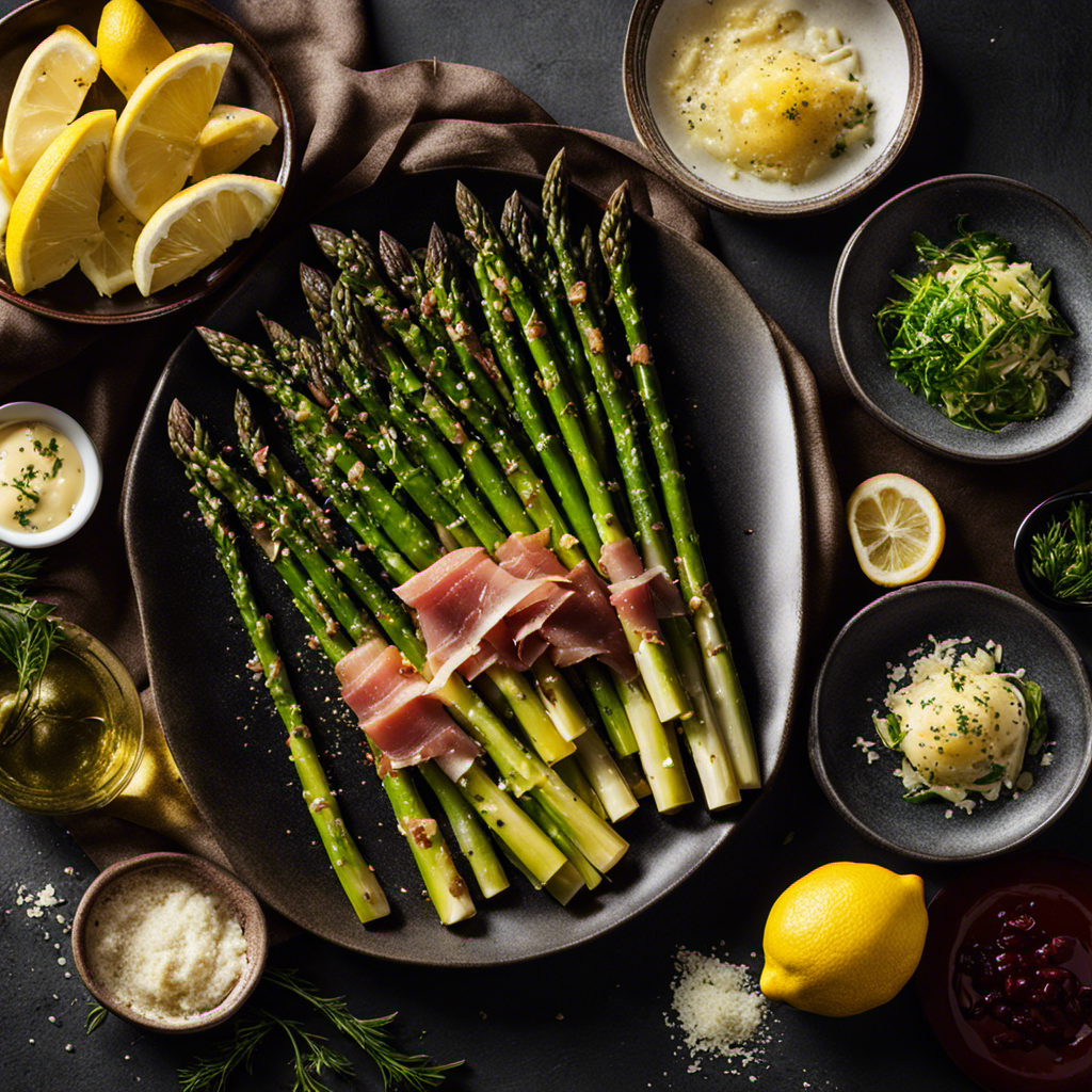An image featuring a beautifully roasted asparagus spears, glistening with melted butter and garlic, alongside a platter of diverse accompaniments like lemon wedges, shaved Parmesan, and prosciutto, showcasing a variety of delicious pairing options