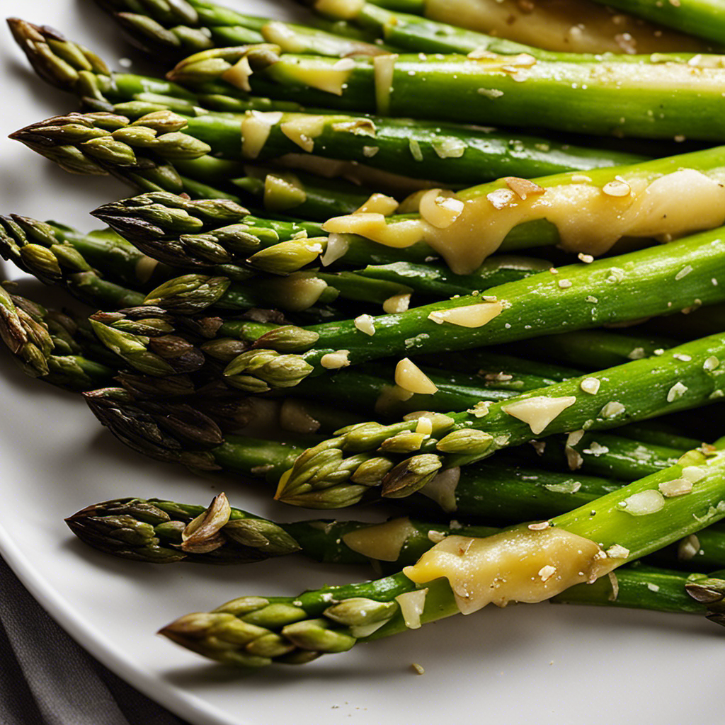 An image showing a close-up of perfectly roasted asparagus spears glistening with melted butter and crushed garlic, their vibrant green color intact