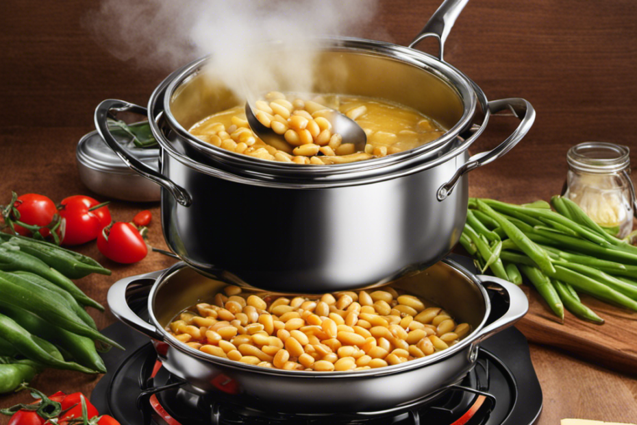 An image showcasing a steaming saucepan on a stovetop with a can of butter beans being poured into it