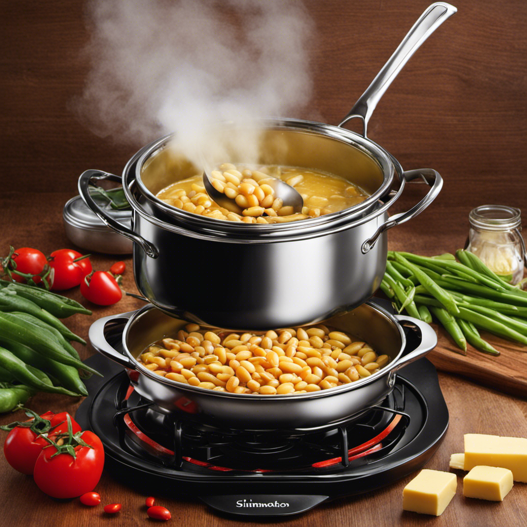 An image showcasing a steaming saucepan on a stovetop with a can of butter beans being poured into it
