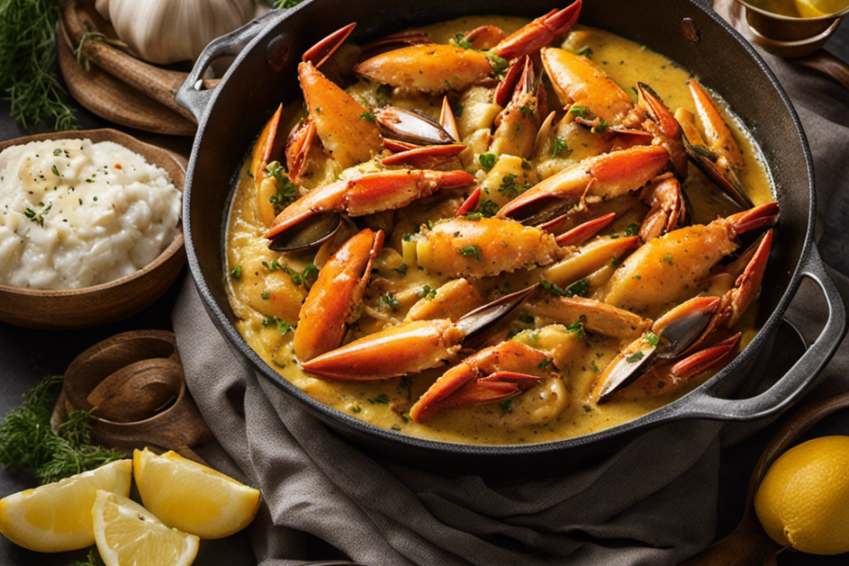 An image showcasing a simmering skillet with succulent crab claws bathed in a rich, golden garlic butter sauce