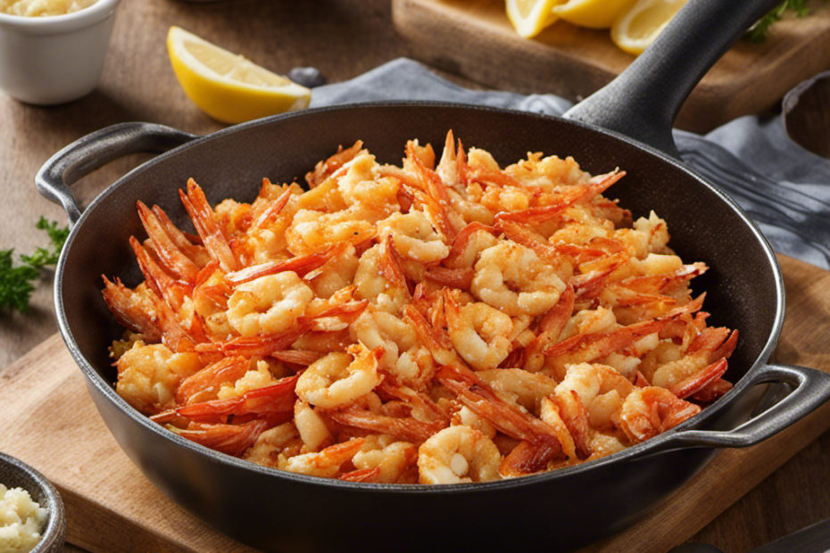 An image capturing the sizzling golden-brown imitation crab meat in a sizzling pan, glistening with melted butter
