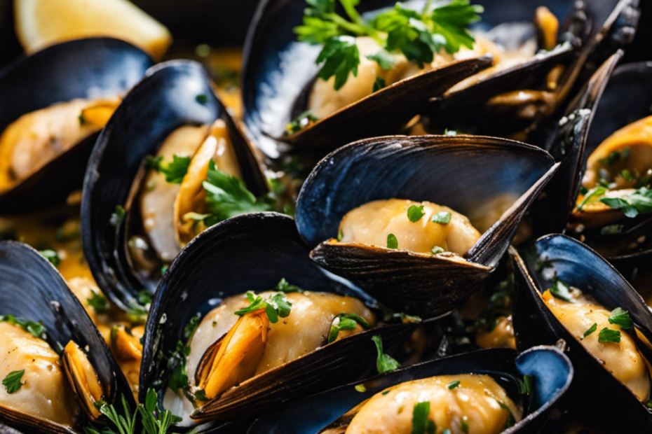 -up shot of a sizzling cast-iron skillet filled with plump, glistening mussels, bathed in a golden garlic butter sauce