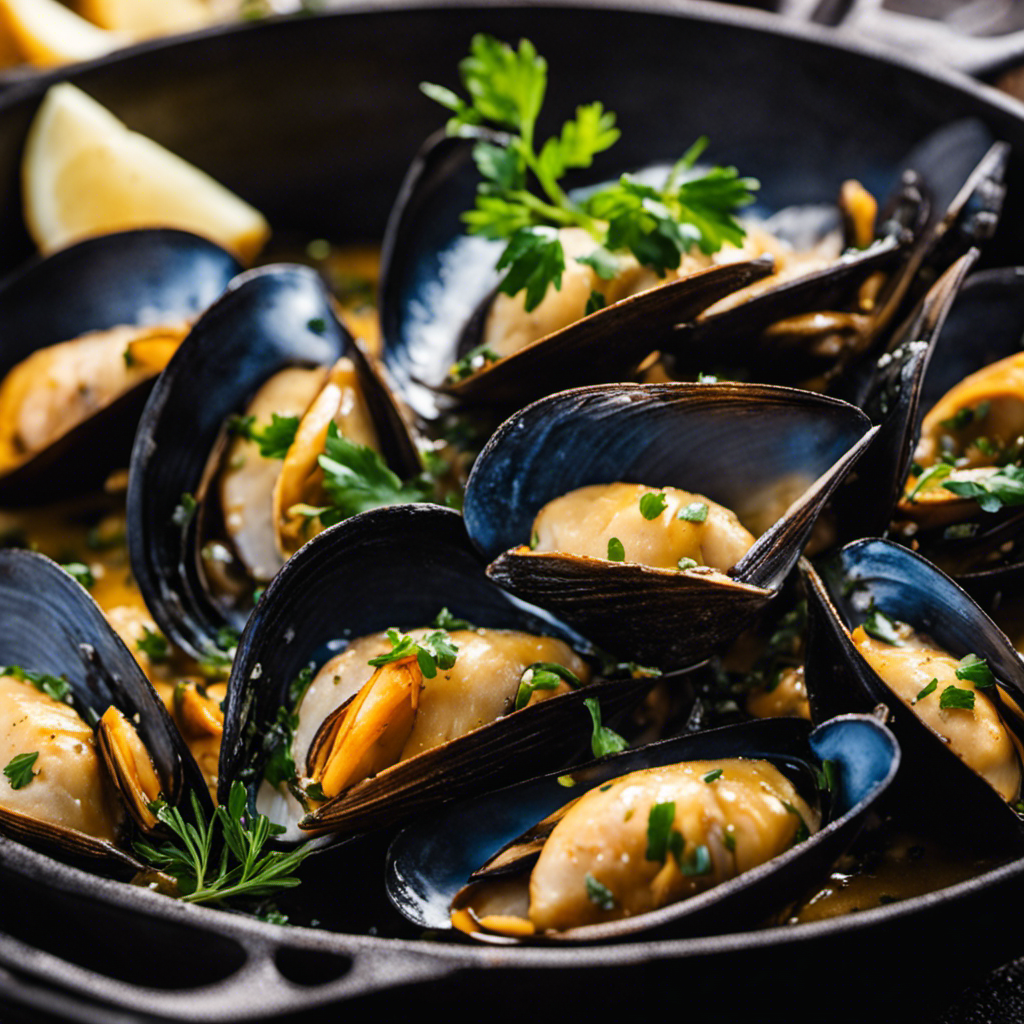 -up shot of a sizzling cast-iron skillet filled with plump, glistening mussels, bathed in a golden garlic butter sauce