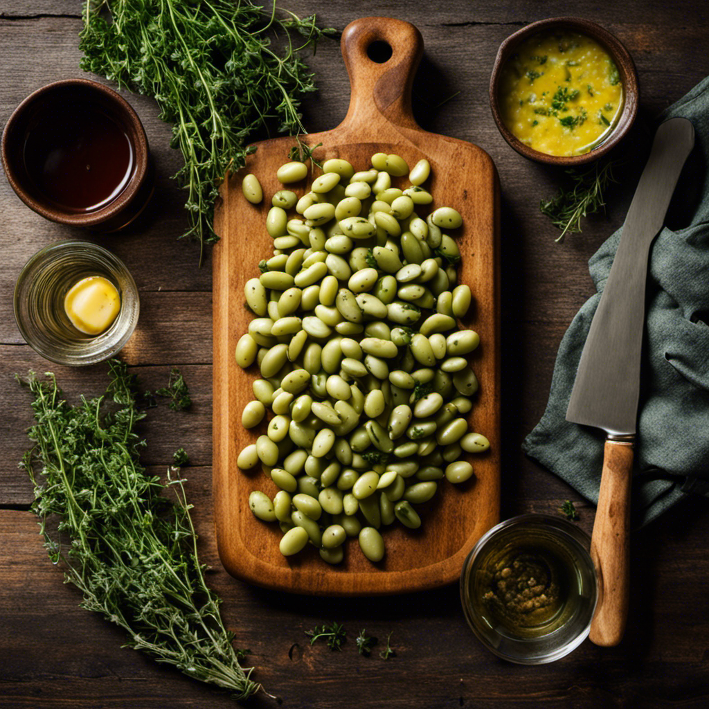 Head view of a rustic wooden cutting board, adorned with vibrant green speckled butter beans, accompanied by fresh thyme sprigs, a gleaming knife, and a pot of simmering water in the background