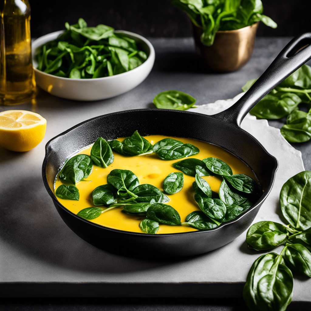 An image depicting a sizzling skillet on a stovetop, where fresh spinach leaves are being gently tossed in a golden pool of melted butter