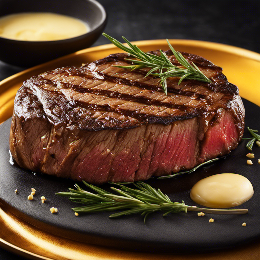An image showcasing a sizzling steak gently searing in a golden pool of melted butter