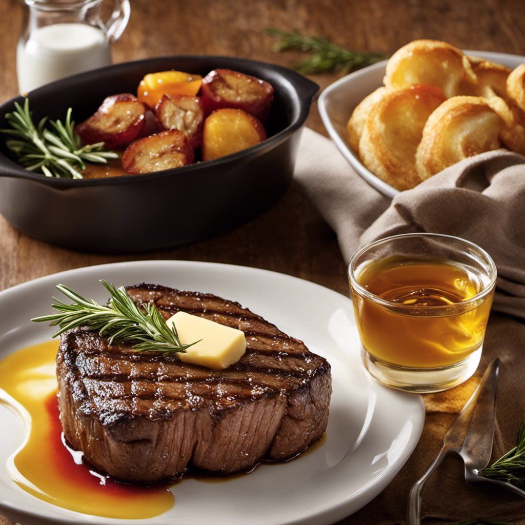 An enticing image of a sizzling steak, perfectly seared with golden-brown edges, adorned with aromatic rosemary sprigs and a pat of melting butter, oozing a luscious pool of savory juices