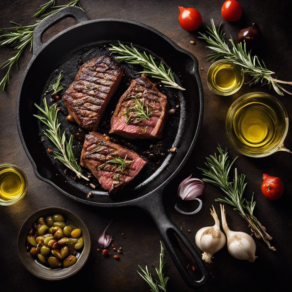 An image that showcases a sizzling steak being perfectly seared in a cast-iron skillet, surrounded by aromatic rosemary sprigs and garlic cloves, while a drizzle of olive oil adds a touch of flavor