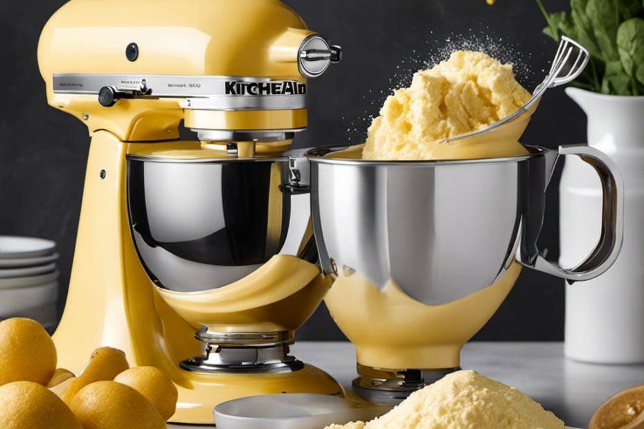 An image showcasing a crisp, close-up shot of a Kitchenaid mixer bowl filled with creamy, pale yellow butter and sugar mixture, perfectly blended together to create a luscious texture