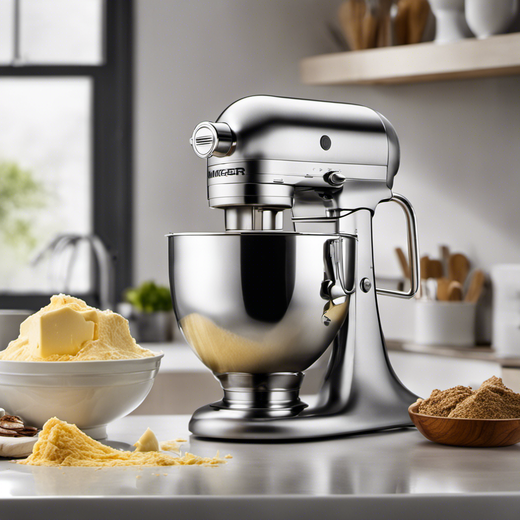 An image of a hand mixer on a kitchen counter with a bowl filled with creamy butter and sugar mixture