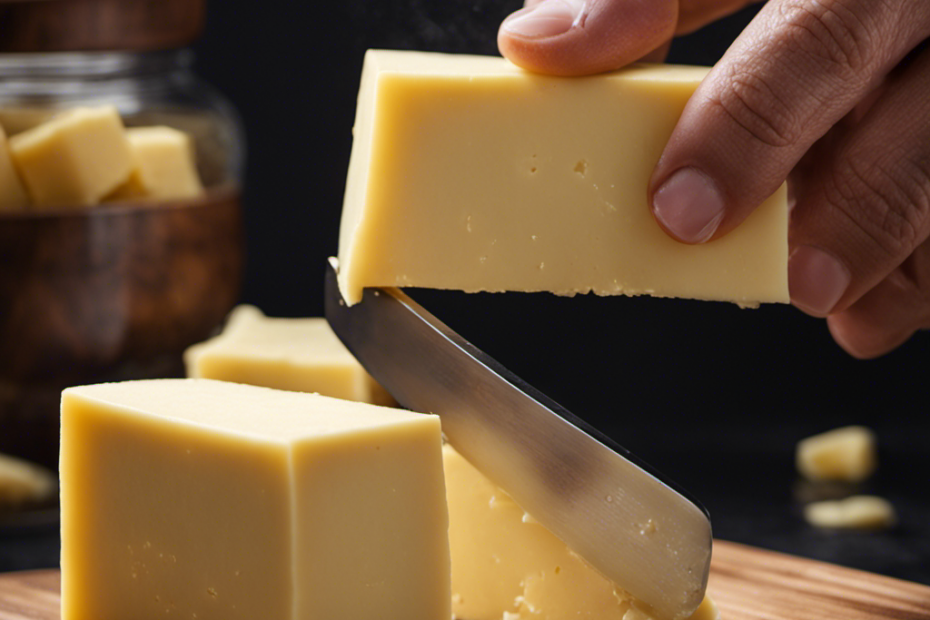 An image showcasing the step-by-step process of cubing butter: a close-up shot of a rectangular block of butter being sliced, then diced into perfect cubes using a sharp knife on a wooden cutting board