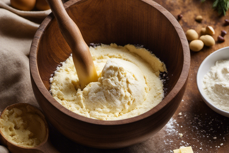 An image capturing the smooth, velvety texture of butter blending with the powdery, snowy white flour in a bowl