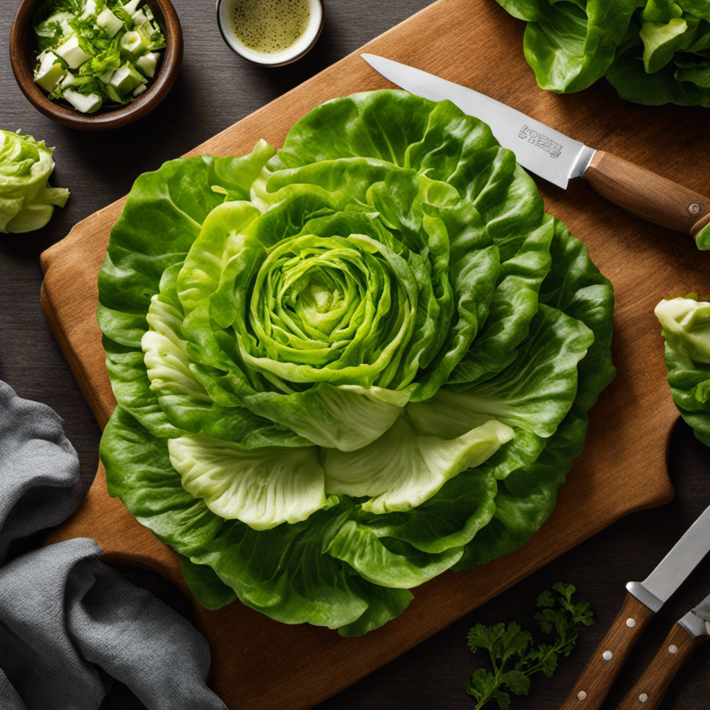 An image capturing the step-by-step process of cutting butter lettuce: hands holding a sharp knife, delicately slicing through the crisp leaves, revealing the vibrant green interior, and neatly arranging the cut pieces on a wooden cutting board