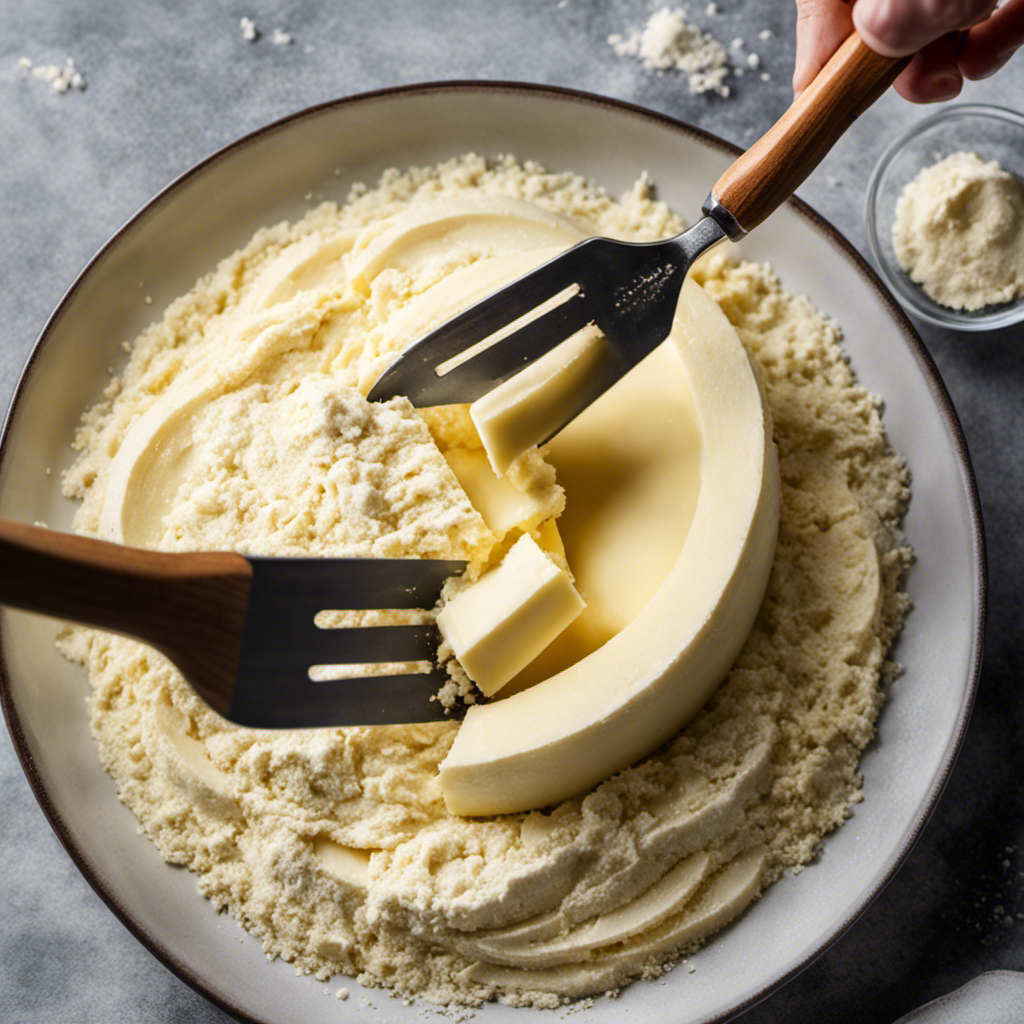 An image showcasing a pair of expert hands skillfully cutting cold butter into flour using a fork, producing perfectly crumbly texture