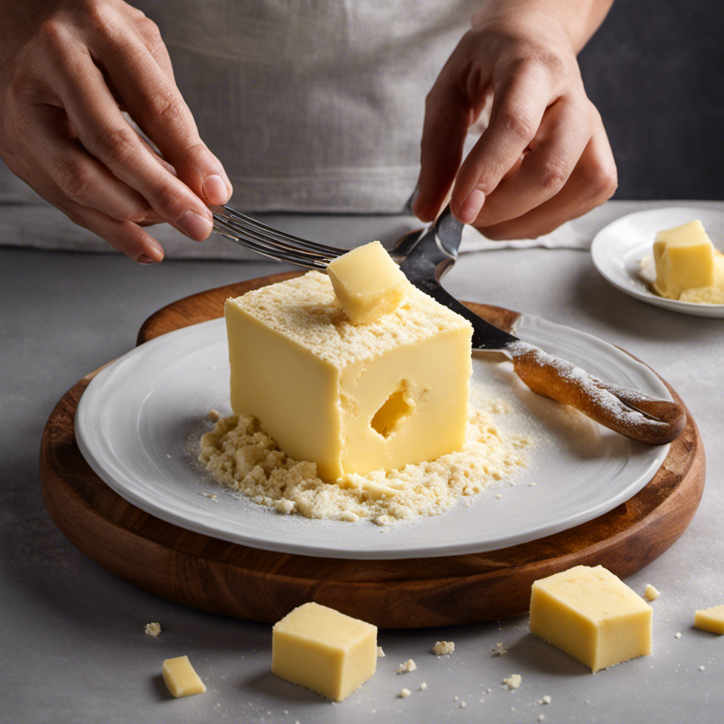 An image showcasing the process of cutting in butter without a pastry cutter: A pair of hands gently pressing cold butter cubes into a flour mixture using a fork, resulting in a crumbly texture