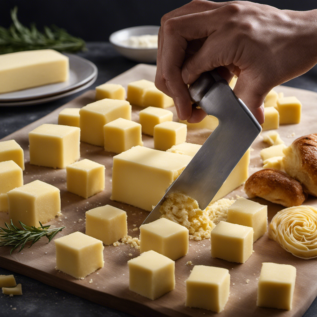 An image showcasing the delicate process of cutting in butter: a pair of hands firmly holding a chilled butter stick, gently slicing it into small cubes using a pastry cutter, with fine flour particles floating in the air
