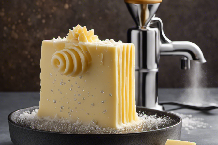 An image showing a slab of frozen butter placed on a metal grater, with radiant heat from a hairdryer gently melting it into smooth, creamy droplets that fall into a waiting bowl