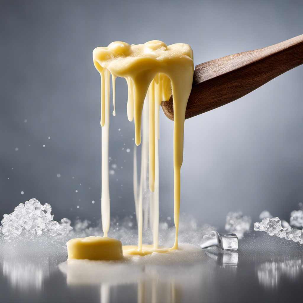 An image capturing the process of defrosting butter: a frozen stick gently melting on a countertop, surrounded by condensation droplets, as delicate wisps of steam rise, highlighting the gradual transformation from solid to creamy