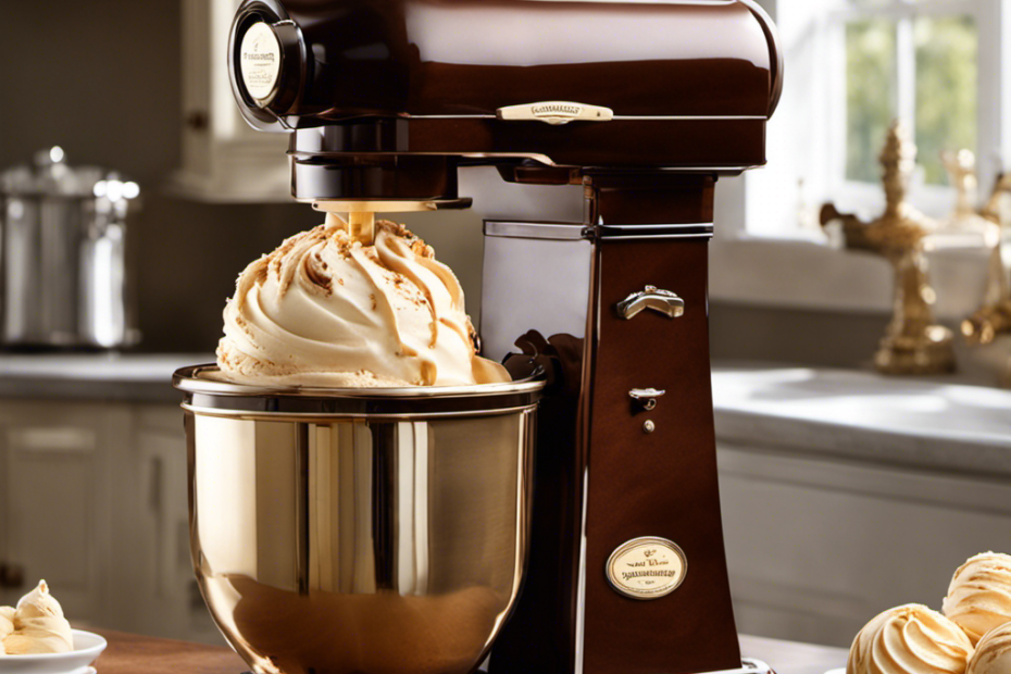 An image showcasing an old-fashioned ice cream maker filled with creamy peanut butter ice cream, elegantly swirled with ribbons of rich chocolate fudge