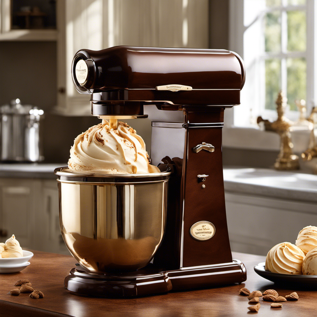 An image showcasing an old-fashioned ice cream maker filled with creamy peanut butter ice cream, elegantly swirled with ribbons of rich chocolate fudge