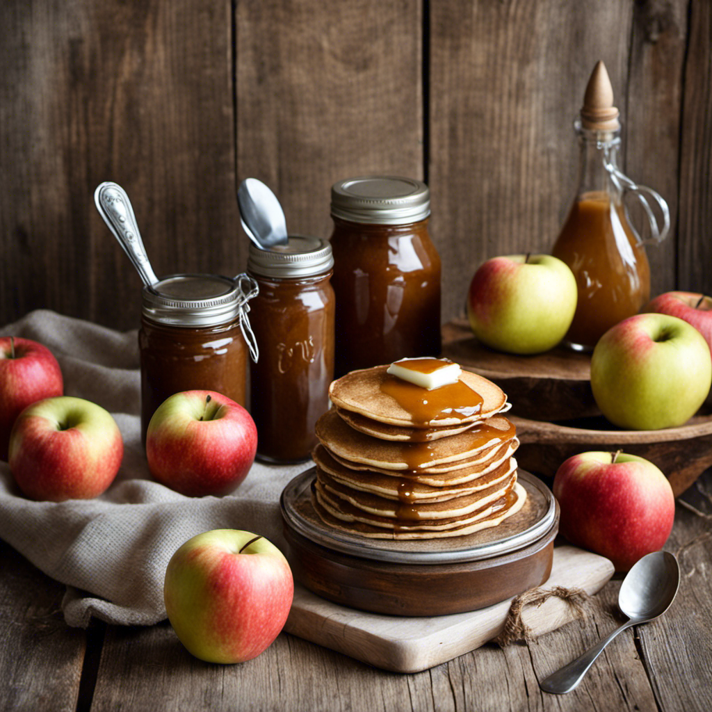 An image showcasing a rustic wooden table adorned with a stack of golden pancakes, a dollop of velvety apple butter melting atop, accompanied by a vintage spoon and a jar of homemade apple butter