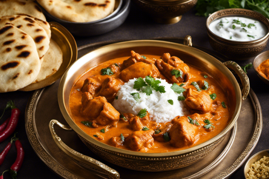 An image capturing the vibrant colors of a sizzling butter chicken dish on a traditional Indian brass platter, adorned with fragrant spices, accompanied by fluffy naan bread and a bowl of creamy raita