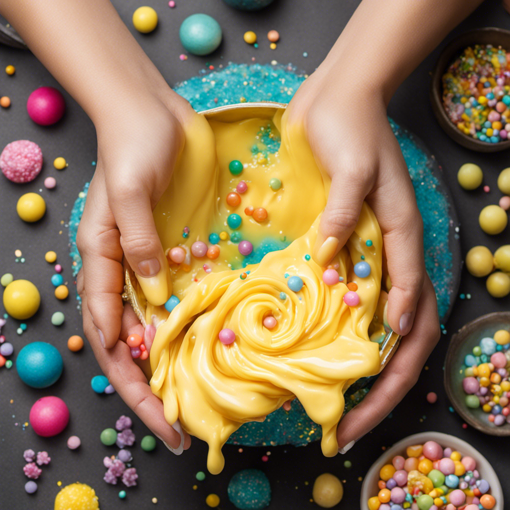 An image showcasing a pair of hands gently kneading a sticky, pale yellow butter slime, surrounded by a colorful assortment of add-ins like glitter, foam beads, and clay, illustrating step-by-step instructions for fixing butter slime