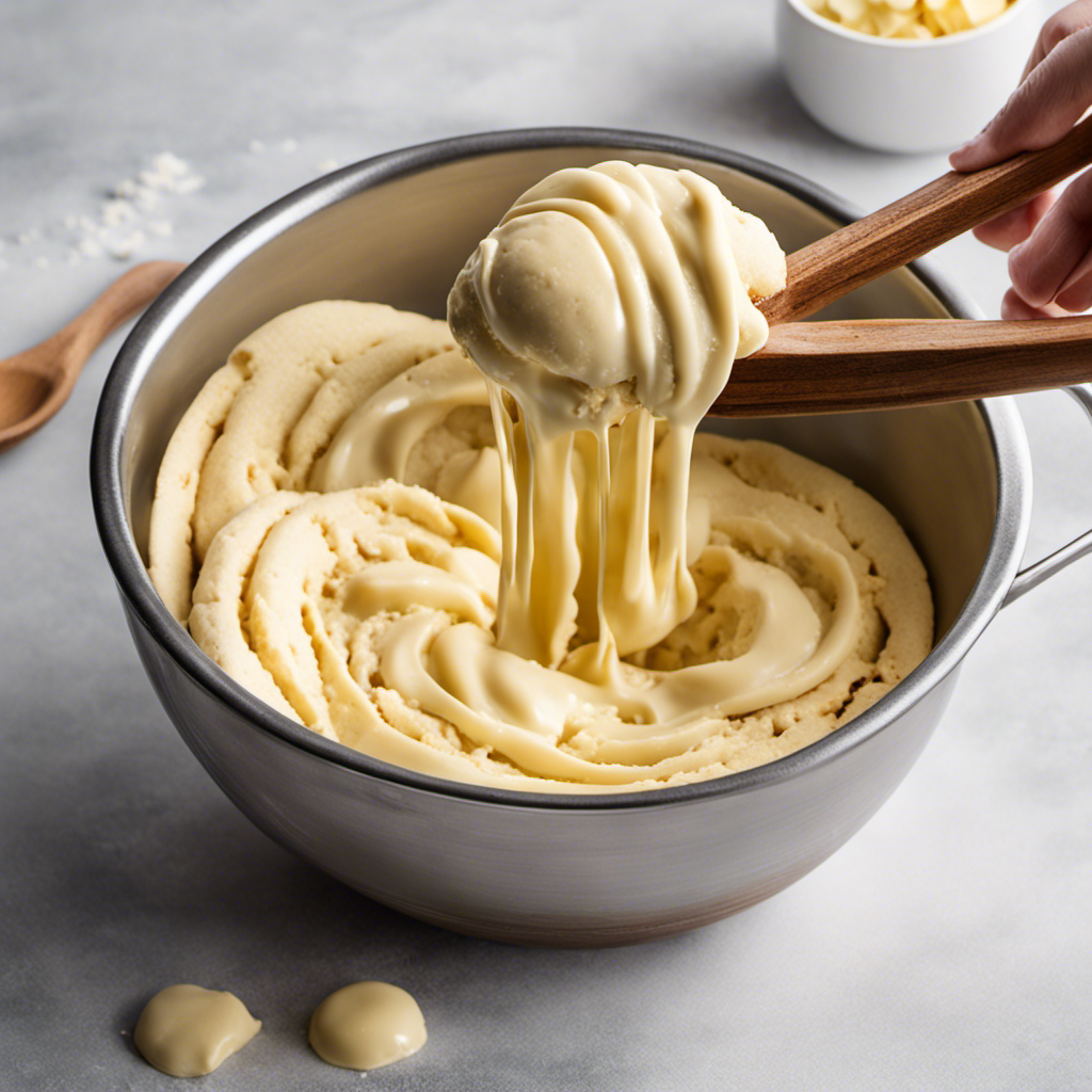 An image showcasing a hand scooping overflowing, greasy cookie dough from a mixing bowl, as excess butter drips off the sides