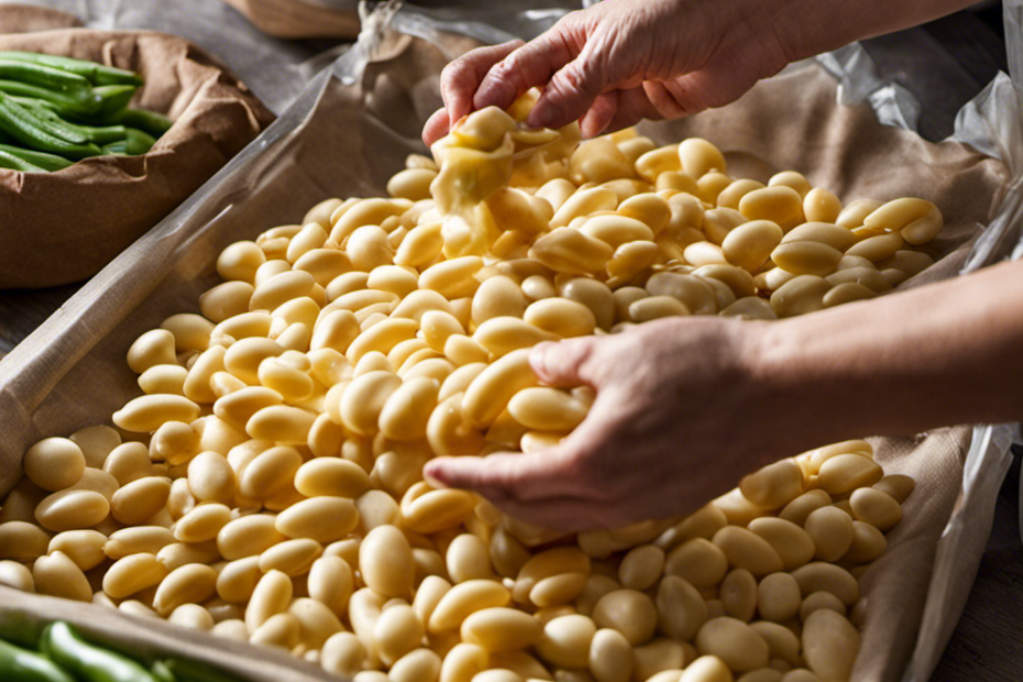 An image capturing the process of freezing butter beans: a pair of hands carefully placing freshly picked beans in a ziplock bag, sealing it shut, then placing the bag in the freezer among other neatly organized frozen vegetables