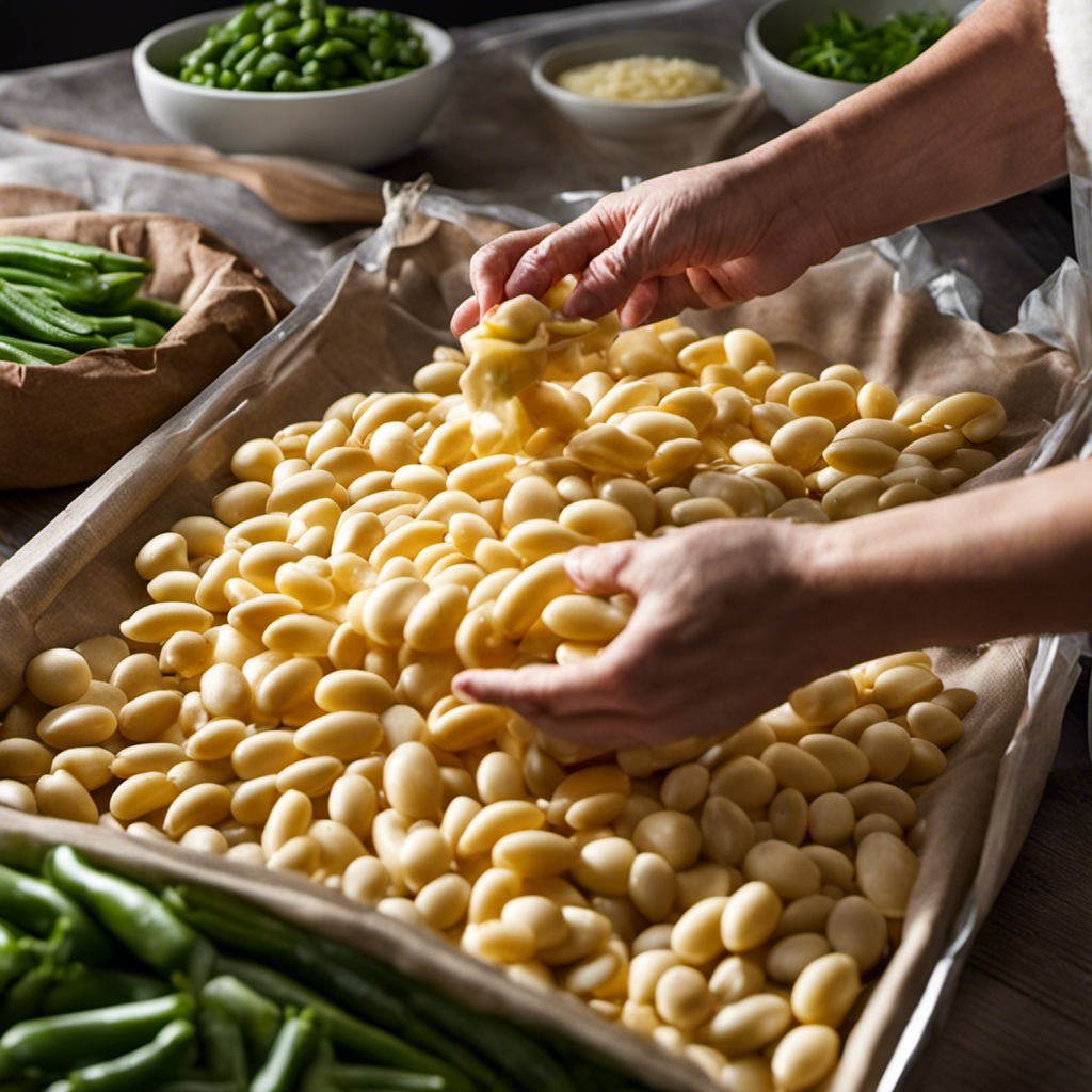 An image capturing the process of freezing butter beans: a pair of hands carefully placing freshly picked beans in a ziplock bag, sealing it shut, then placing the bag in the freezer among other neatly organized frozen vegetables