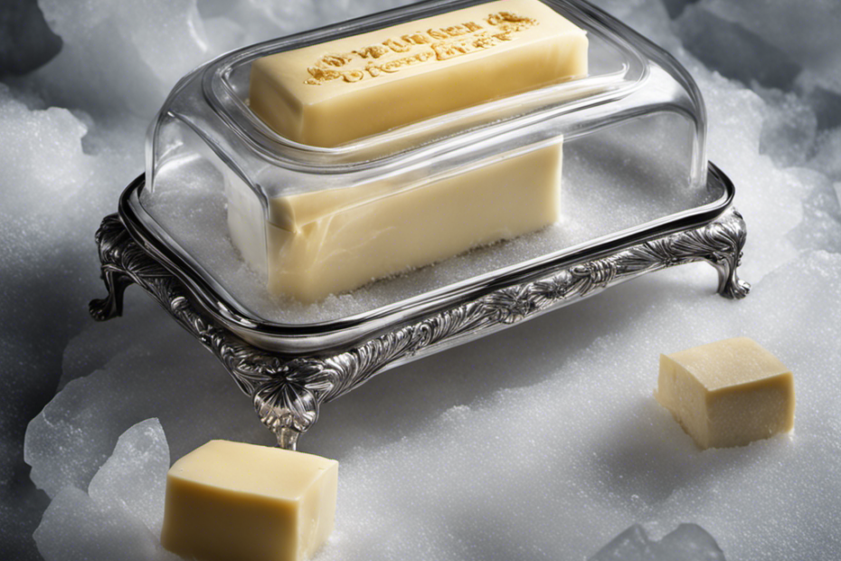An image capturing a close-up of a silver butter dish, filled with creamy sticks of butter, partially wrapped in translucent wax paper, gently resting on a bed of ice cubes in a frost-covered freezer