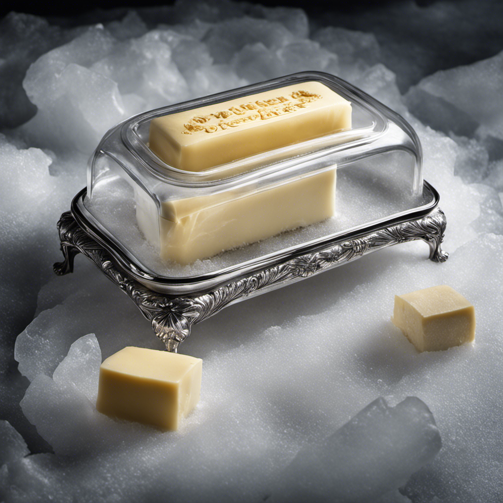An image capturing a close-up of a silver butter dish, filled with creamy sticks of butter, partially wrapped in translucent wax paper, gently resting on a bed of ice cubes in a frost-covered freezer