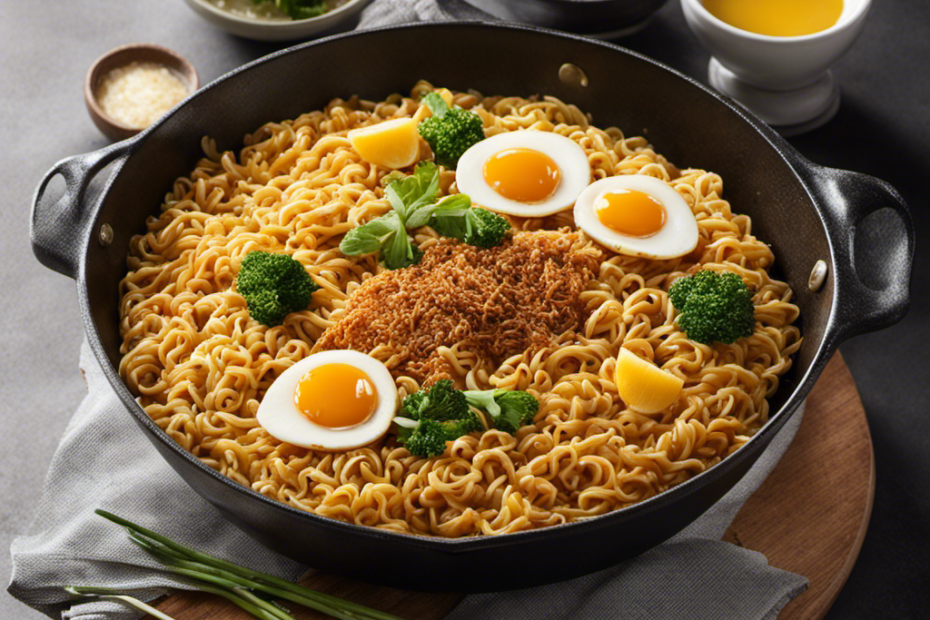 An image showcasing a sizzling skillet, with golden-brown ramen noodles glistening in a pool of melted butter