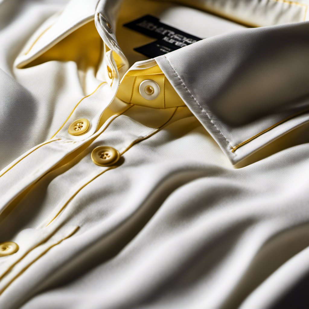 An image showcasing a close-up view of a white button-up shirt with a noticeable butter stain on the front