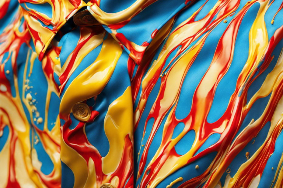 An image depicting a close-up shot of a vibrant, patterned shirt stained with melted butter