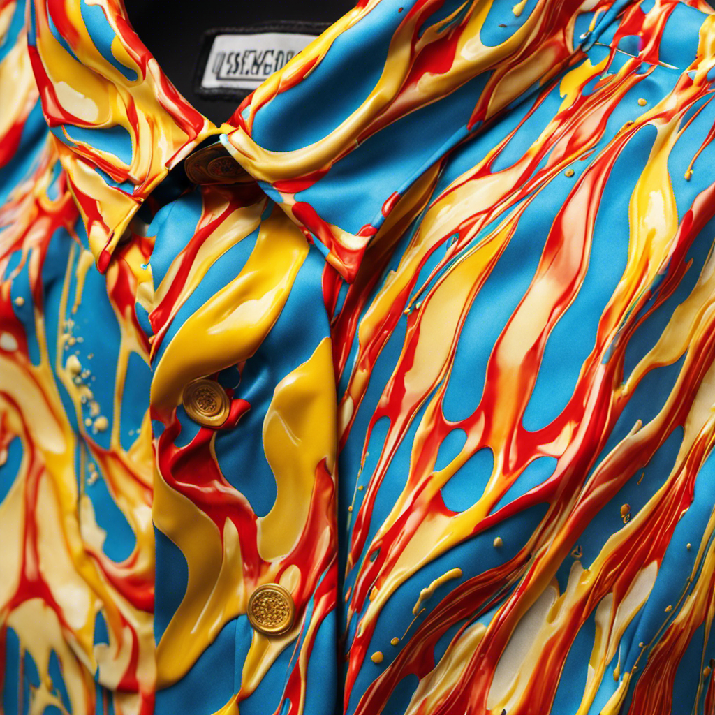 An image depicting a close-up shot of a vibrant, patterned shirt stained with melted butter
