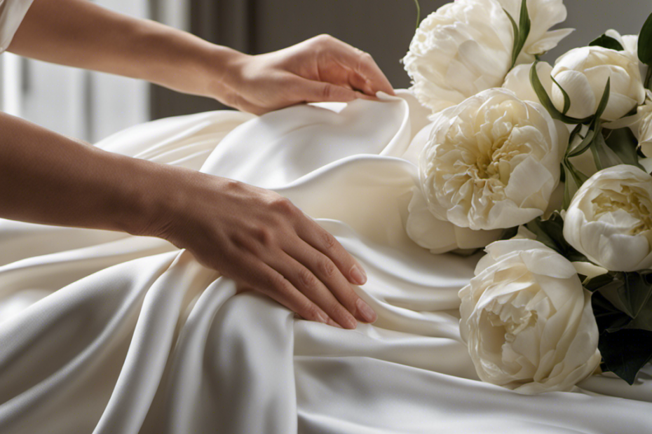 An image showcasing a hand gently patting a stain on a silk blouse with a white cotton cloth