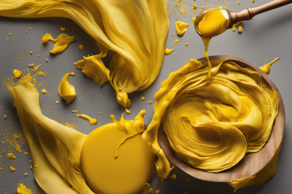An image capturing the moment a vibrant yellow butter stain is being carefully lifted from a delicate fabric, showcasing the precise movements of hands delicately dabbing and blotting, leaving no trace behind