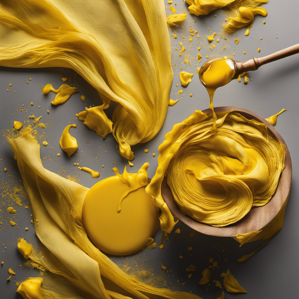 An image capturing the moment a vibrant yellow butter stain is being carefully lifted from a delicate fabric, showcasing the precise movements of hands delicately dabbing and blotting, leaving no trace behind