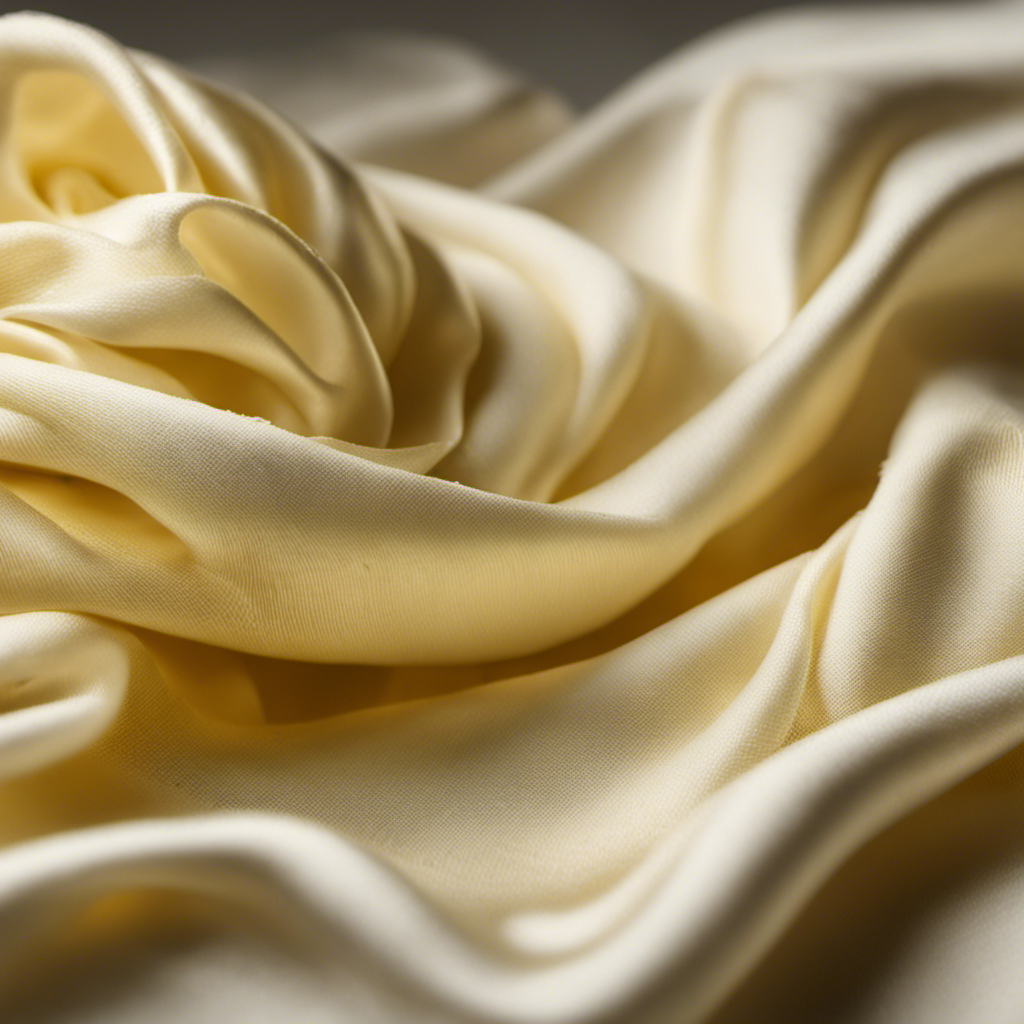 An image showing a close-up of a creamy yellow butter stain seeping into the fibers of a delicate fabric, while a hand gently blots it with a white cloth, showcasing the step-by-step process of removing butter from fabric