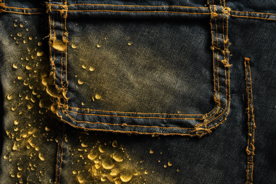 An image showcasing a pair of jeans with a fresh butter stain