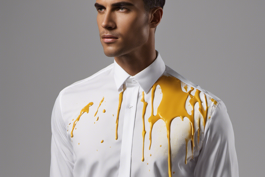 An image showcasing a crisp white shirt with a prominent butter stain on the front