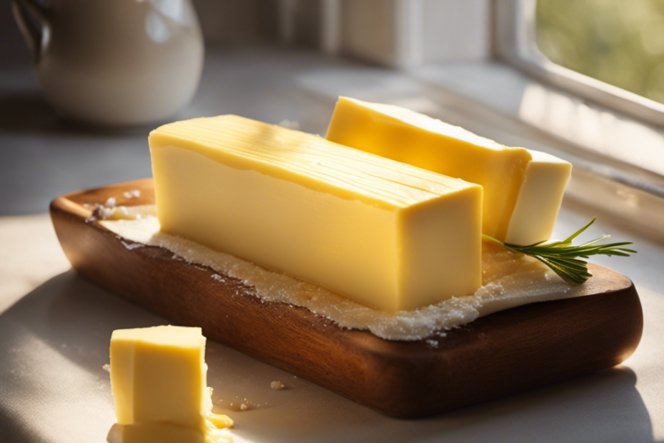 An image displaying a stick of butter placed on a sunny windowsill, partially melted and soft, with rays of sunlight streaming through the glass, showcasing the process of quickly bringing butter to room temperature